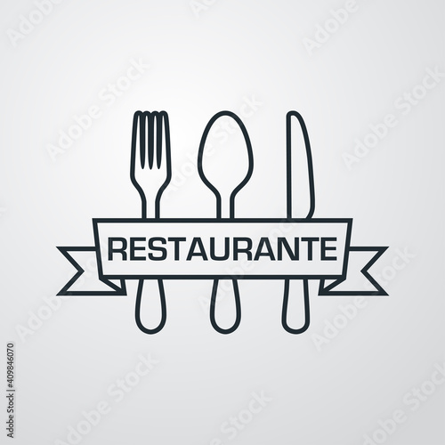 Logotipo con palabra Restaurante en español escrito en listón sobre cubiertos con lineas en fondo gris