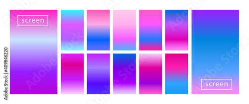 Collection of colorful backgrounds in trendy neon colors. Modern screen vector design for mobile app. Soft color abstract gradients. Swatches for design. Big set of pastel holographic gradients