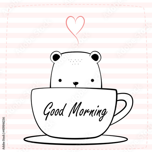 Cute adorable polar bear sitting in the coffee cup saying good morning cartoon doodle on pink pastel striped background wallpaper card, can use for nursery or print on product