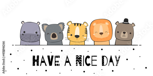 Cute adorable wild animals friends greeting cartoon doodle background design