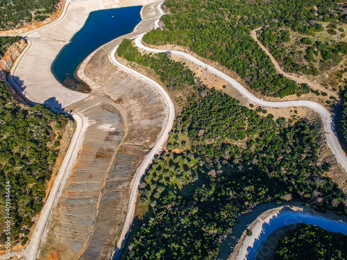 Panoramic view of the man-made lake in Alonnisos island, Greece. The project was created as a solution to the water shortage problem to the island of Alonnisos, Sporades, Greece