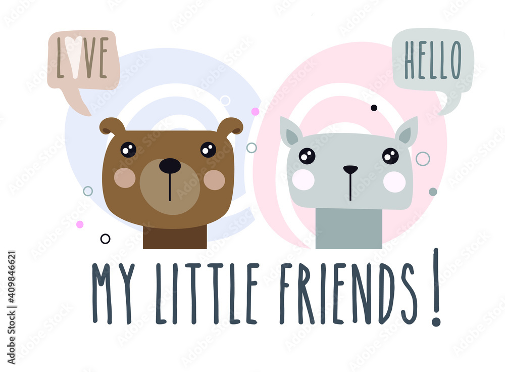 Obraz premium Editable vector. Drawings of small animals. Drawing of cat and dog. Color drawing of beautiful animals. Modern design of beautiful animals.