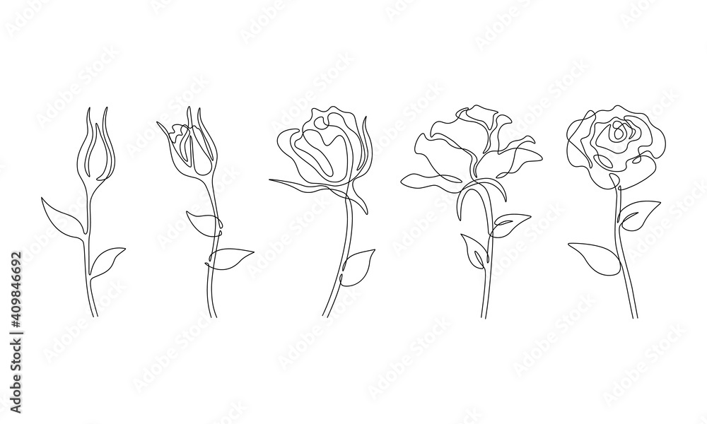One line roses flower set. Abstract art, Hand drawn continuous line drawing  of rose flowers. Rose tattoo minimalist illustration Stock Vector | Adobe  Stock