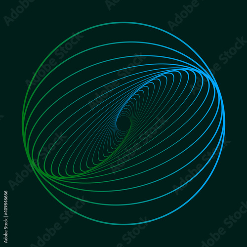 Twisted colored spiral. Curved wireframe tunnel. Vector technology logo element.