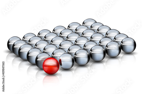 Group of metal silver balls with one red leader