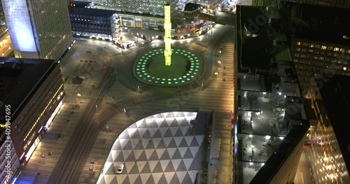 Aerial view over an empty Sergel's Square during night, Stockholm Sweden photo