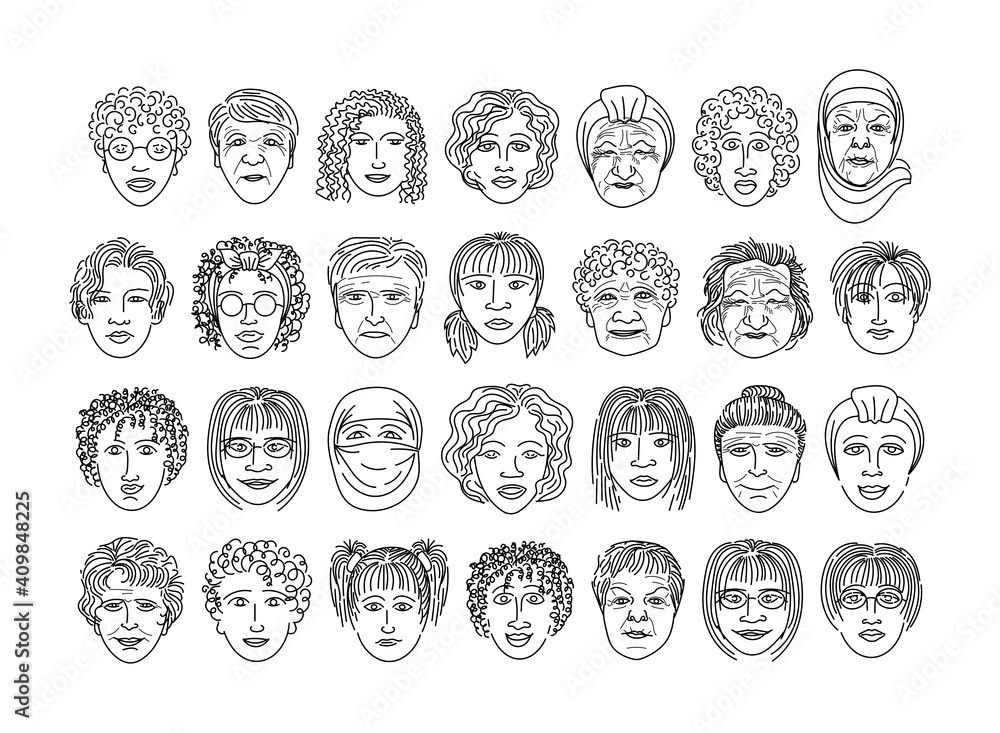 Set of contour faces of women of different nationalities and ages on a white background. Close-up.