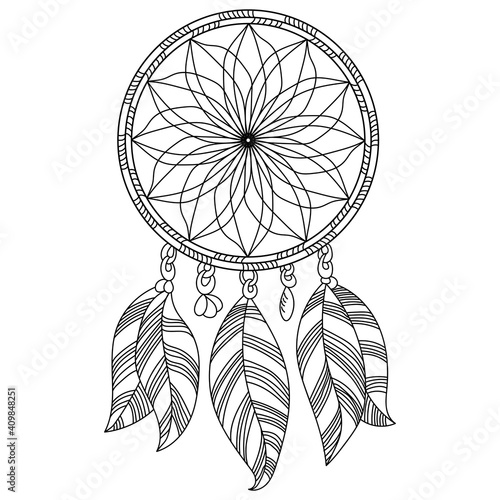 Outline dreamcatcher with five air feathers and beads, zen anti stress coloring page