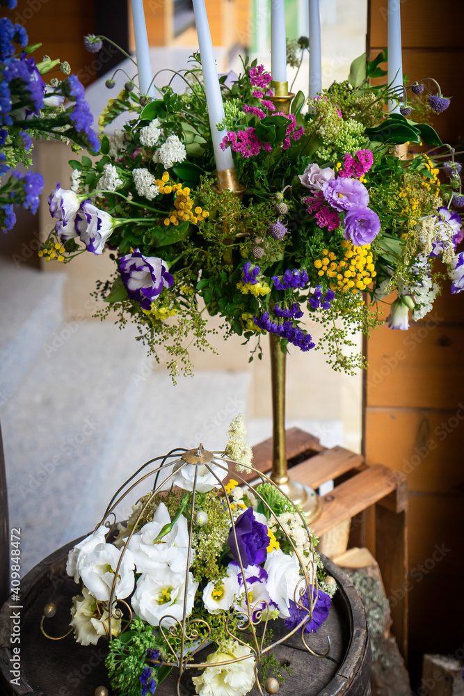 Flowers restaurant decoration for event weddind table of newlyweds celebration