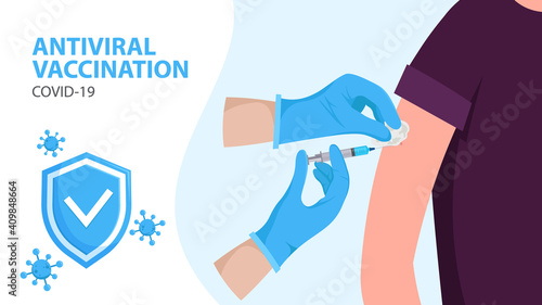Coronavirus vaccination. Covid-19 prevention. Hands making an injection. Safety measure during coronavirus. Vector illustration.