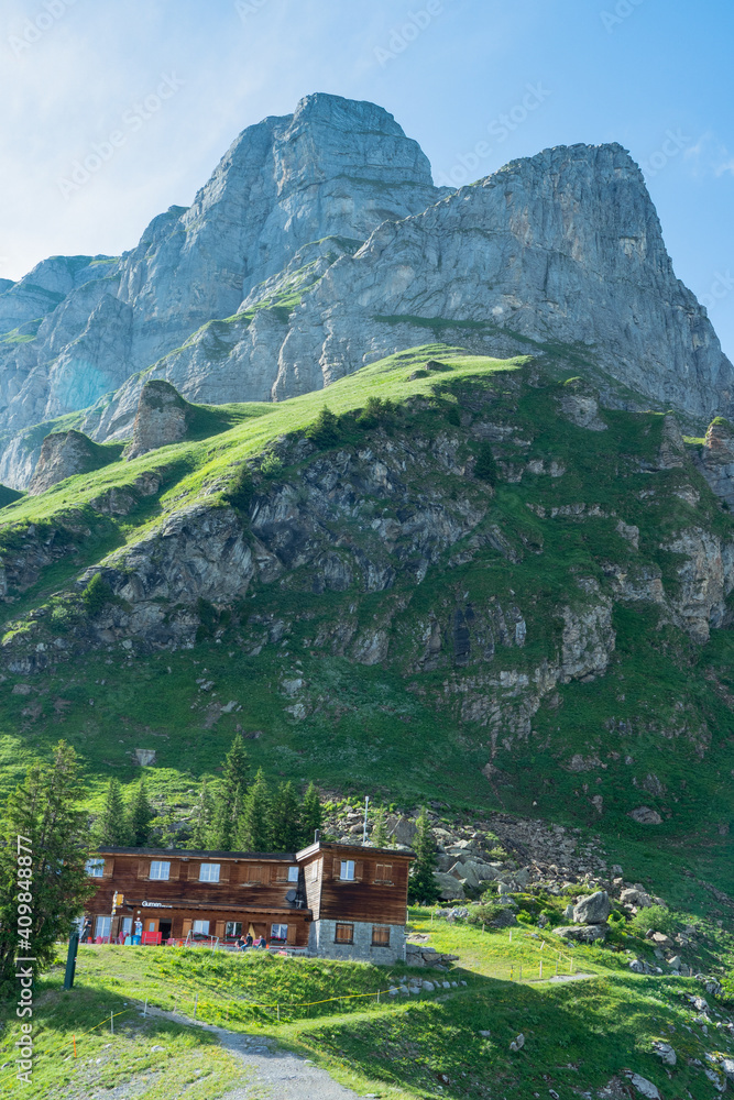 View over restaurant Gumen to Eggstock, a peak with a via ferrata in Switzerland