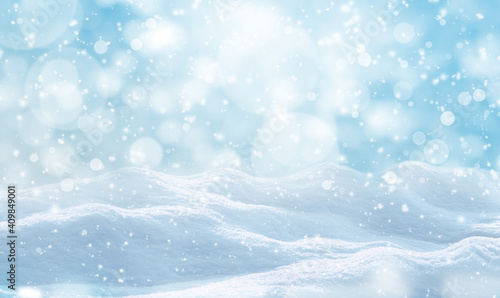 Winter card design. Beautiful fluffy snow outdoors