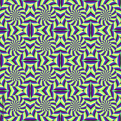 Colorful optical illusion seamless pattern. Moroccan style tileable design of hypnotic moving shapes.