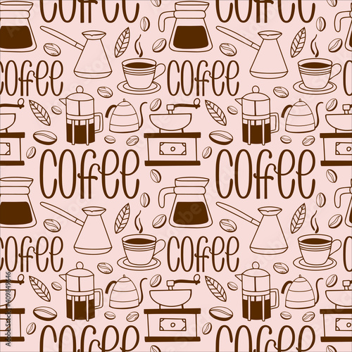 Seamless pattern on a coffee themed in the style of doodling. Hand lettering coffee, coffee accessories. For the design of coffee shops, posters, advertising, posters, postcards