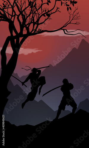 Samurai and Ninja fight silhouette art