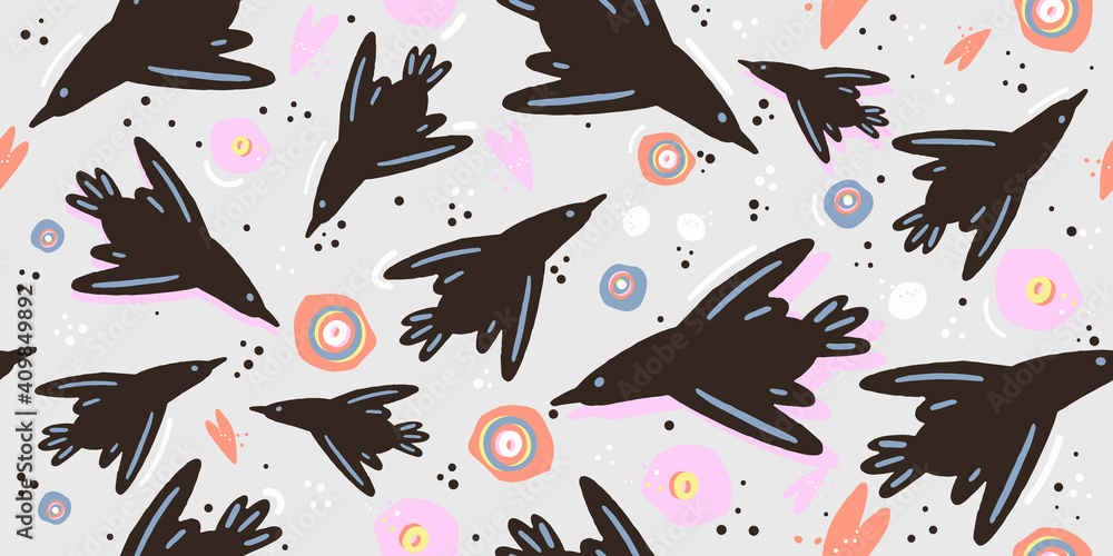 Obraz premium Colorful modern seamless pattern with abstract shapes, doodles and birds. Trendy illustrations in vector.