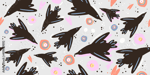 Colorful modern seamless pattern with abstract shapes  doodles and birds. Trendy illustrations in vector.