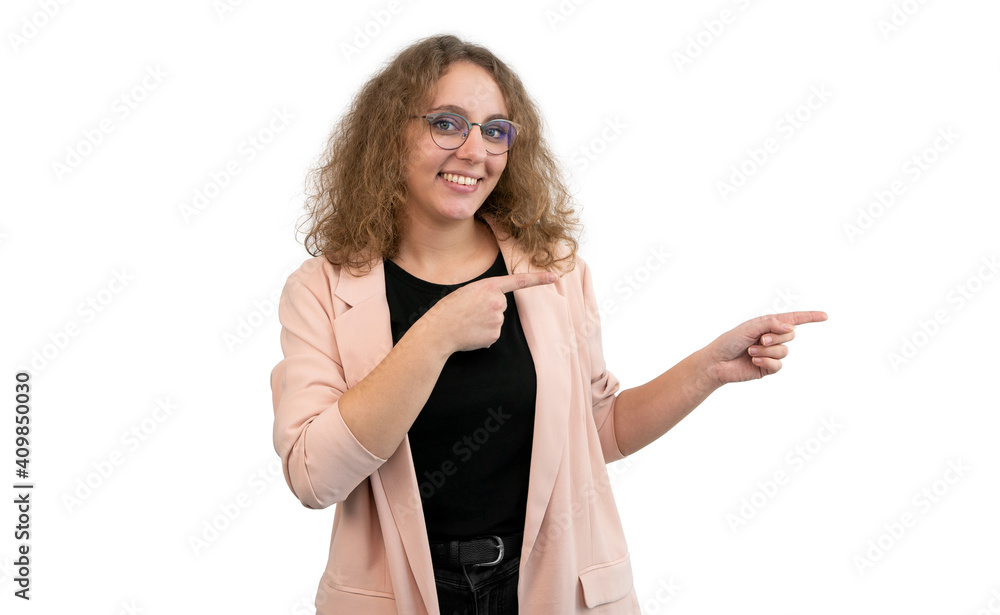 Business woman in suit pointing to side with her two hands on white background. Business woman in suit pointing to side with her two hands on white background.