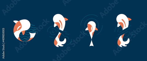 Koi fish set of logos, icons. The stylized Koi fish swims on the blue water. Circles on the water.