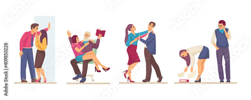 Sexual harassment, assault, abuse incident in office. Sexual harassment violence and bullying between female and man employee, boss and worker, sexism discrimination
