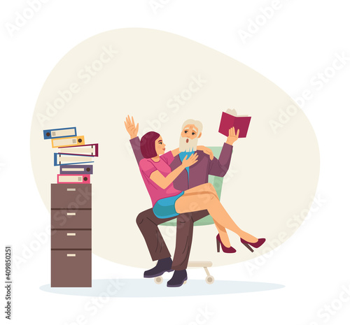 Sexual harassment, assault, abuse incident in office. Girl sits on knees to elderly boss who reads book. Violence coercion at work, sexism discrimination cartoon vector