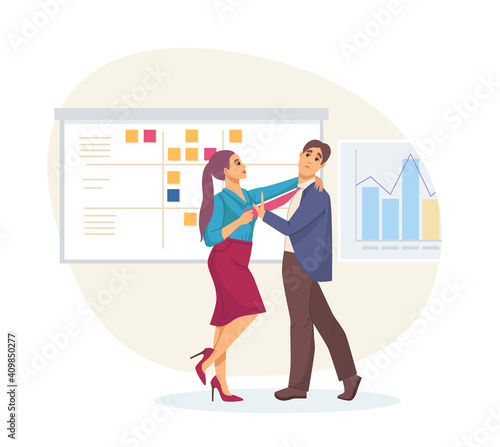 Sexual harassment, assault, abuse incident in office. Sexual harassment violence and bullying between female and man employee, boss and worker, sexism discrimination cartoon