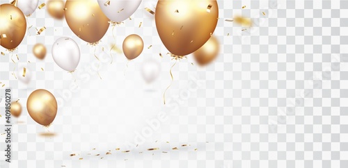 Celebration banner with gold confetti and balloons