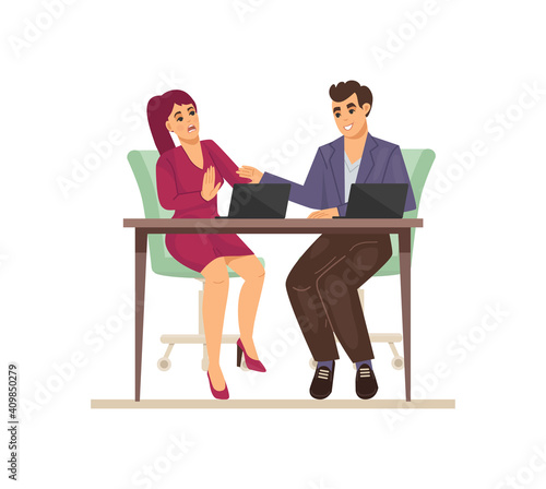 Sexual harassment, assault, abuse incident in office. Sexual harassment between female and man employee, sexism discrimination. Girl strokes hand of man while sitting with him at same table