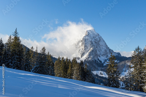 top of Grosser Mythen mountain in Switzerland in winter with snow