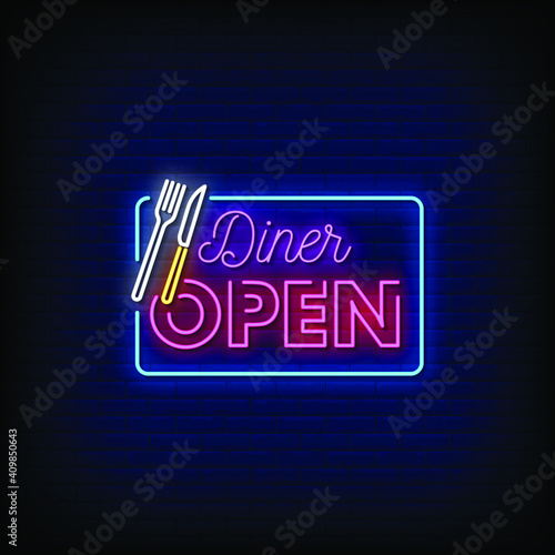 Diner Open Neon Signs Style Text Vector