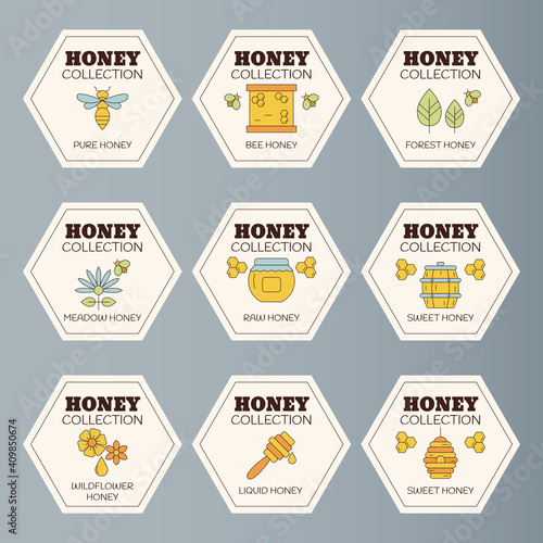 Honey and bees vector badges and labels