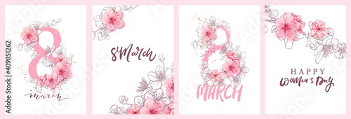 8 march illustration. Women's Day greeting card design with cherry blossoms. Branch of sakura with petals.