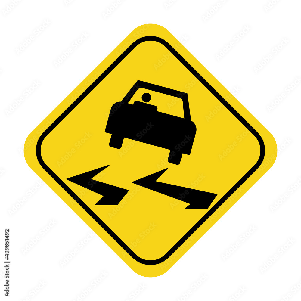 Slippery When Wet Sign. Slippery Road Sign. Road Flooding Sign. Slippery road sign on yellow traffic label. All in a single layer. Vector illustration. Slippery When Wet Sign. Slippery Road Sign. Road Flooding Sign. Slippery road sign on yellow traffic label. All in a single layer. Vector illustration.