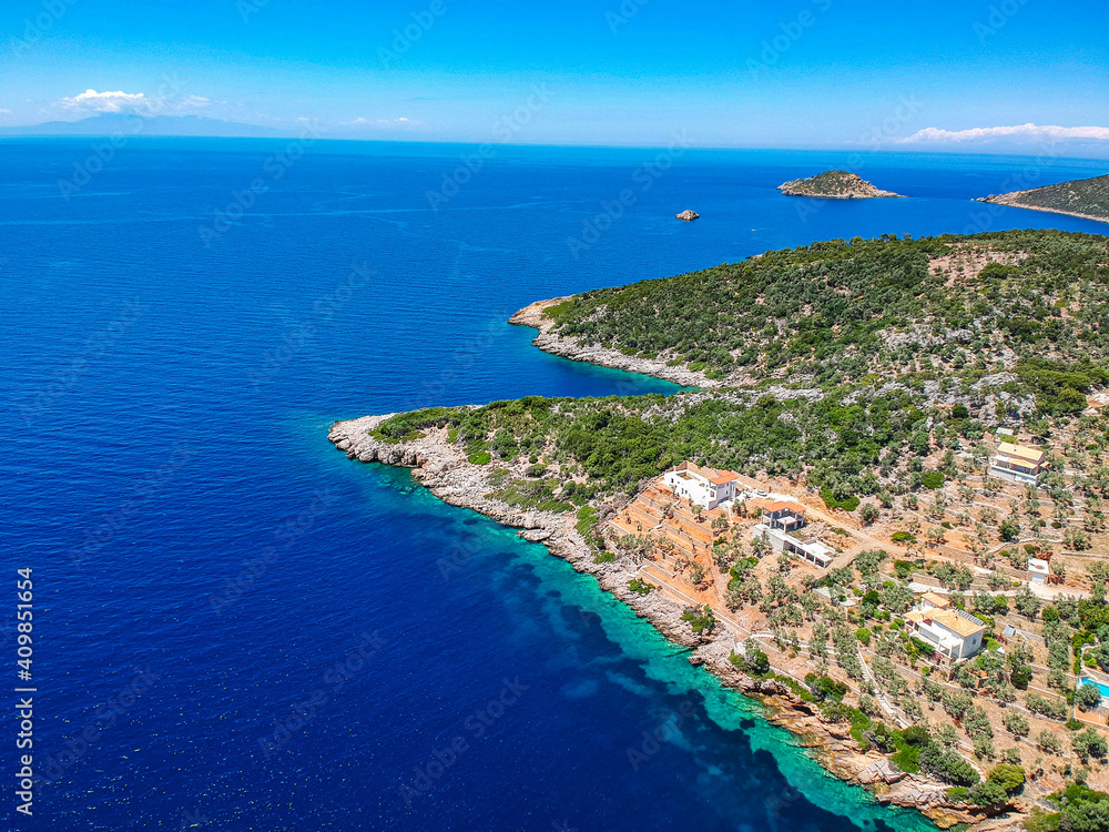 Aerial drone view over Chrisi Milia beach and the rocky surrounded area in Alonnisos island, Sporades, Greece Aerial drone view over Chrisi Milia beach and the rocky surrounded area in Alonnisos island, Sporades, Greece