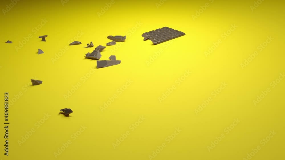 Tablette de chocolat qui tombe sur fond jaune