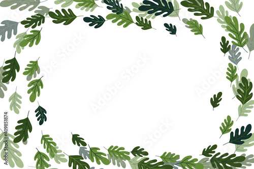 Floral frame with colorful exotic branches on white background. Ornate border with tropic leaves. Vector stock illustration for wallpaper, posters, card. Doodle style. Copy space.