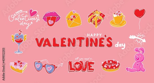 Happy Valentine s day dooddle art collection of lettering, speech bubbles, hearts, decorative design elements