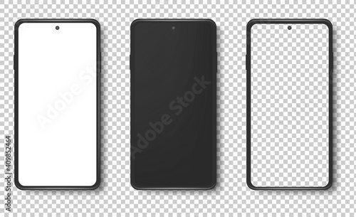 Realistic vector set mock-up of new generation plus smart phone black on transparent background. Layered - just put your image on content layer. Scale image any resolution.