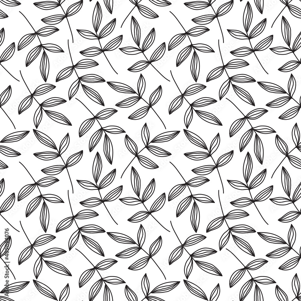 Seamless floral pattern of hand drawn black branches and leaves on a ...