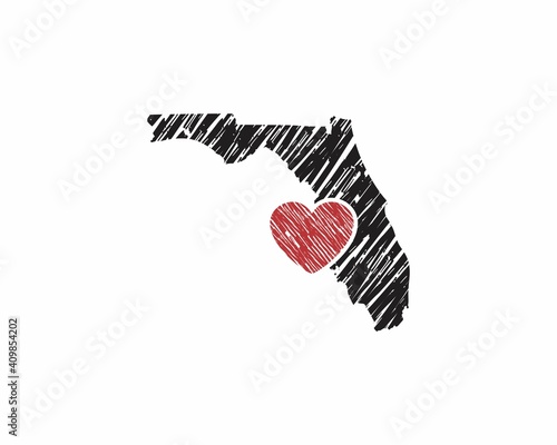 Hand Drawing Florida Map And Heart Logo Vector 001