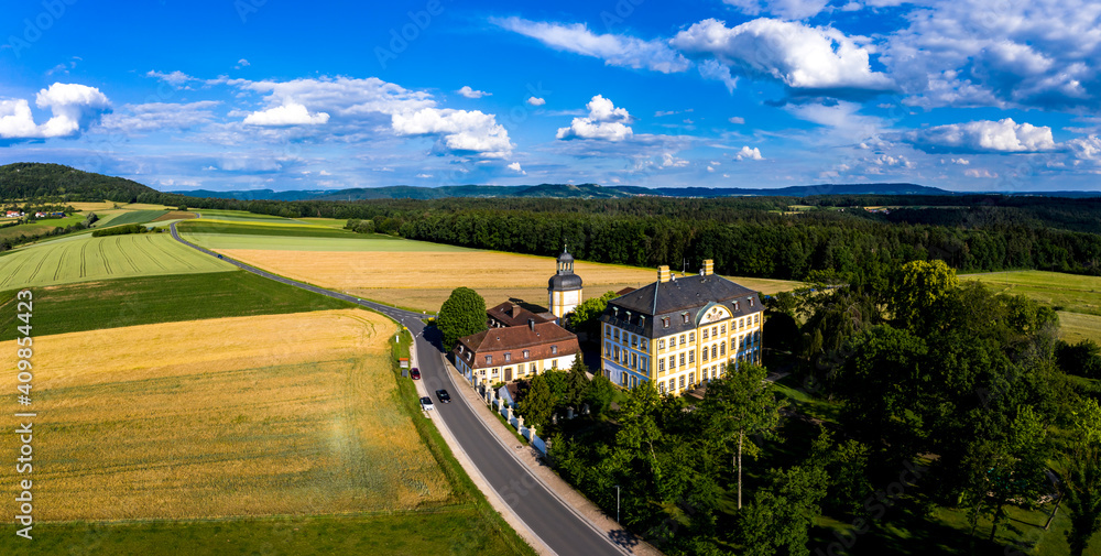 Aerial view, Jägersburg Castle, Eggolsheim municipality, Franconia, Bavaria, Germany,