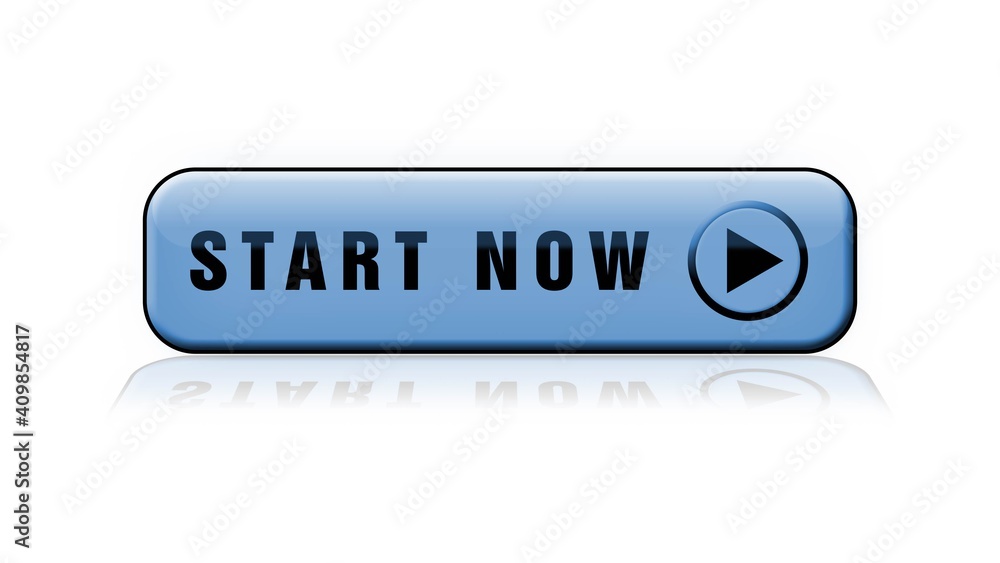 START NOW lettering - blue button with reflections on the floor - isolated on white background - 3D Illustration START NOW lettering - blue button with reflections on the floor - isolated on white background - 3D Illustration