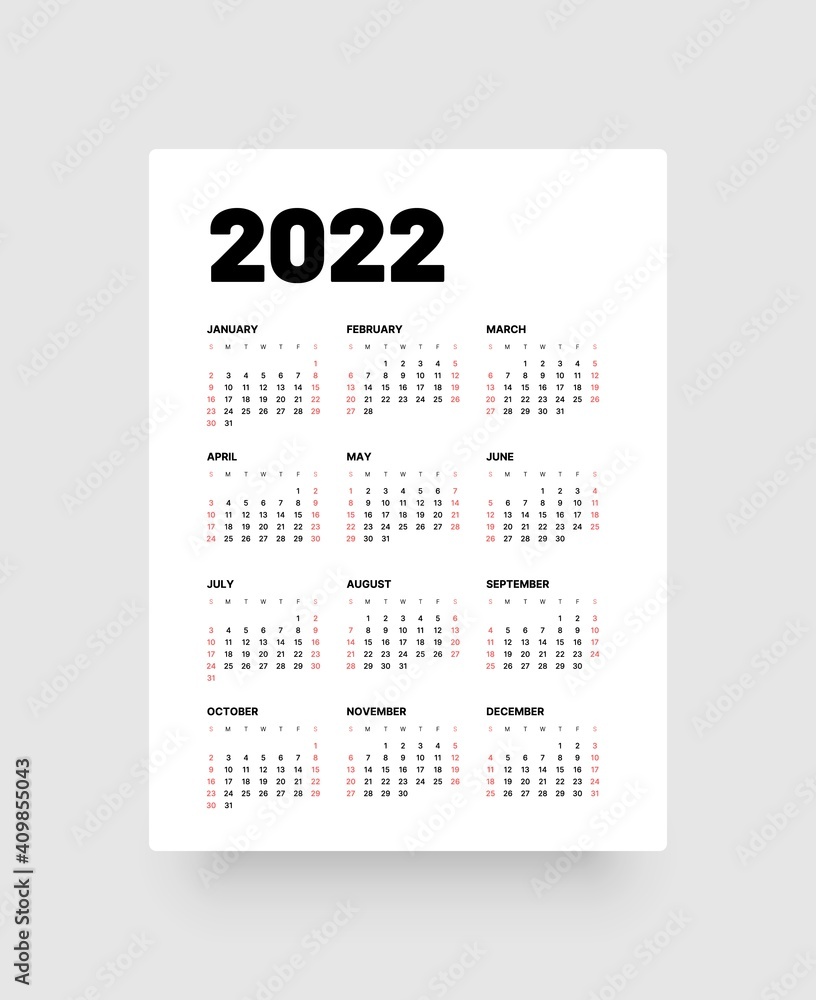 Monthly calendar template for 2022 year. Week Starts on Sunday. Wall calendar in a minimalist style. Monthly calendar template for 2022 year. Week Starts on Sunday. Wall calendar in a minimalist style.