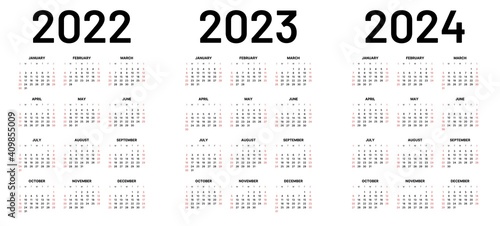 Monthly calendar template for 2022, 2023 and 2024 years. Week Starts on Sunday. Wall calendar in a minimalist style.