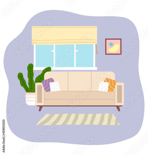Living room interior design flat vector illustration. Window on the background of a comfortable sofa. Arrangement of furniture and layout of premises in the apartment. Furniture equipment of rooms