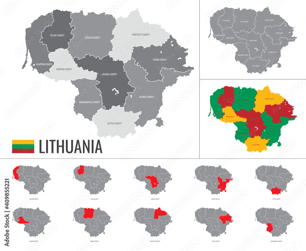 Obraz premium Detailed vector map of regions of Lithuania with flag