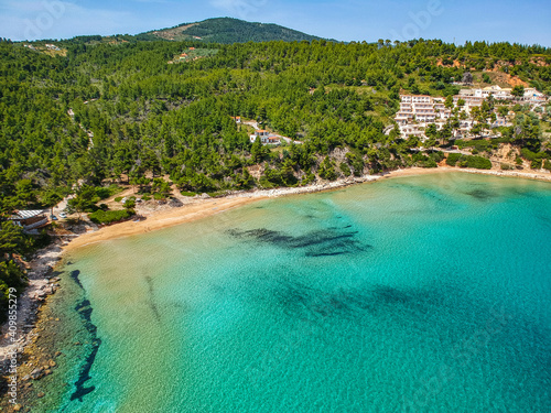 Aerial drone view over Chrisi Milia beach and the rocky surrounded area in Alonnisos island, Sporades, Greece