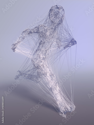 Abstract 3d rendering digital illustration of a running man from particles and lines on white backgrounds