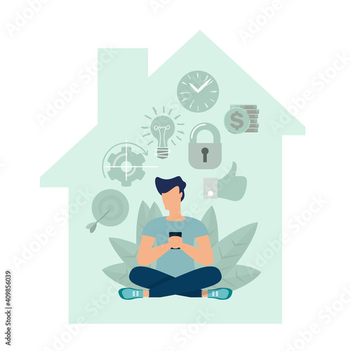 Vector illustration selfisolation in house, concept of meditation workflow, health benefits for body, mind and emotions, lotus position, thought process, start and search for ideas.