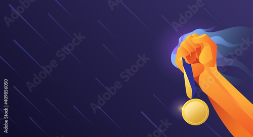 Design layout with symbol of victory hand with raised medal movement and energy horizontal